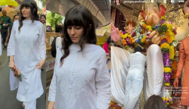 Giorgia Andriani Serves Desi Kudi Vibes In A White Chikankari Salwar Suit As She Visits Lalbaugh Cha Raja